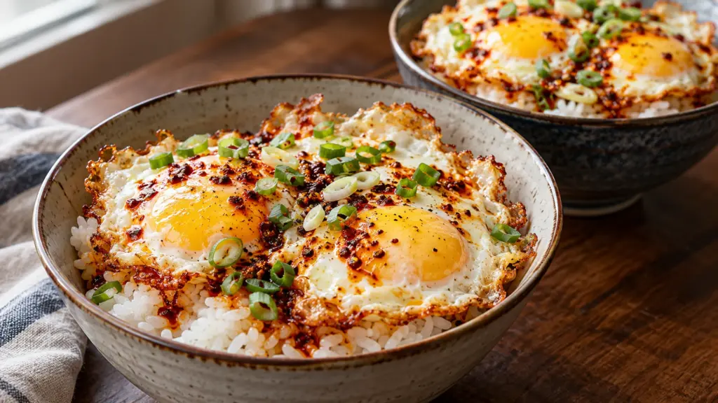 Chili oil eggs with firm yolks, golden edges and scallions over warm white rice