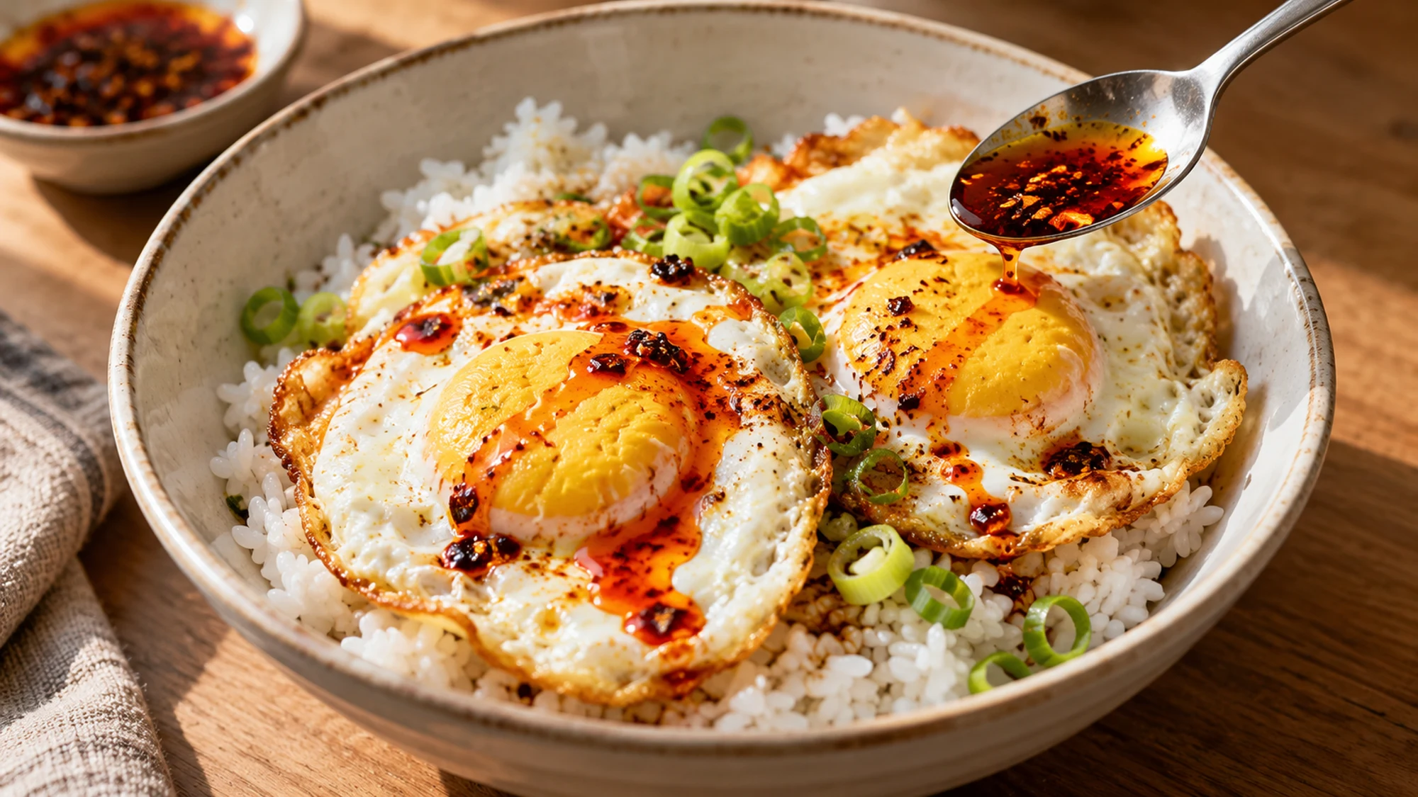 Chili oil eggs receiving a measured chili oil finishing drizzle over cooked rice