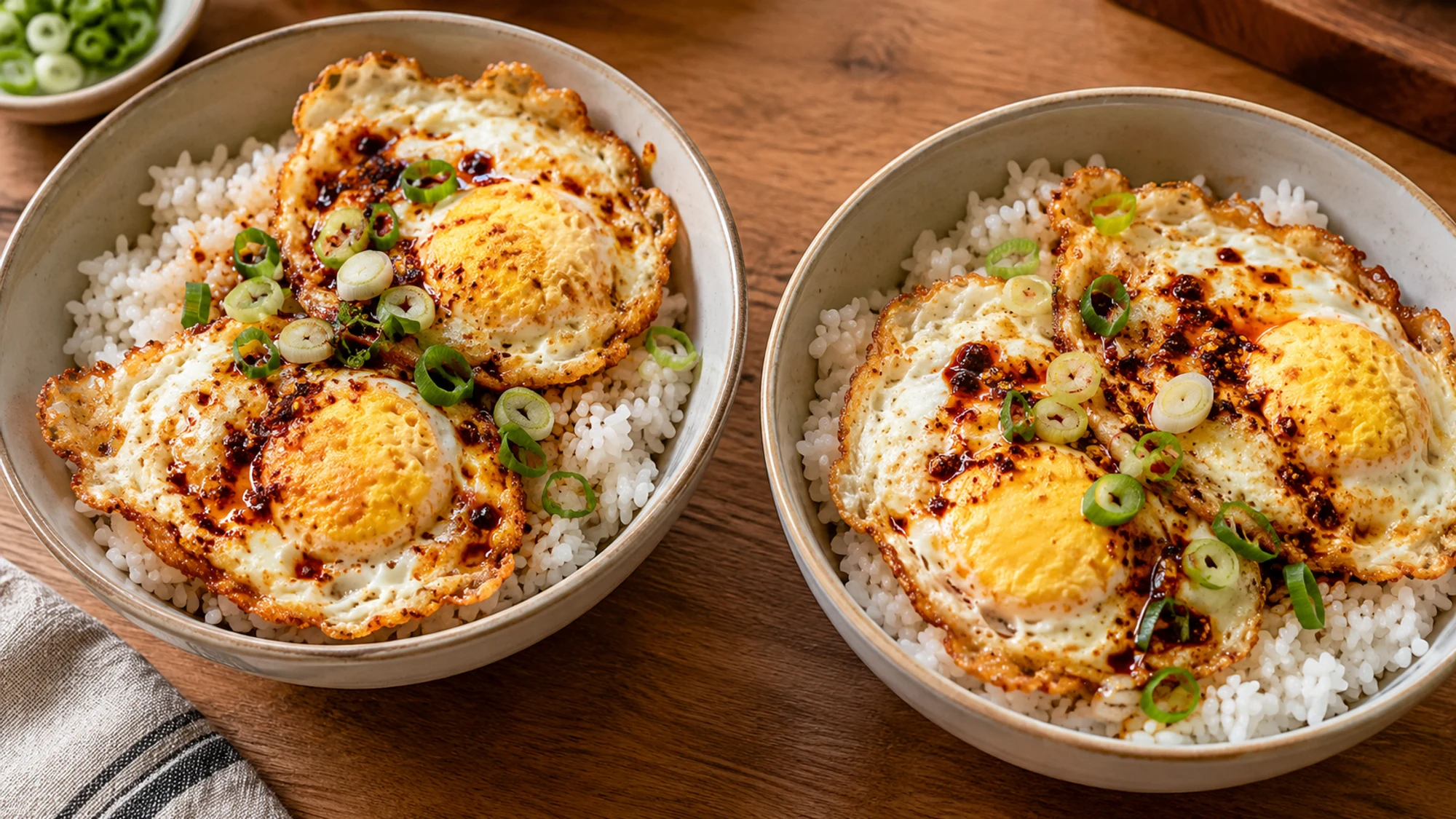 Chili oil eggs in two bowls of white rice with firm yolks and sliced scallions