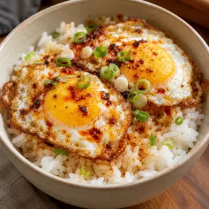 Chili oil eggs with fully cooked yolks and golden edges on a bowl of white rice