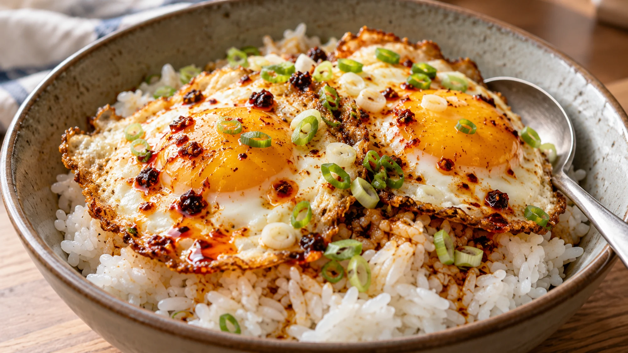 Chili oil eggs served over warm white rice with firm yolks, golden edges and scallions