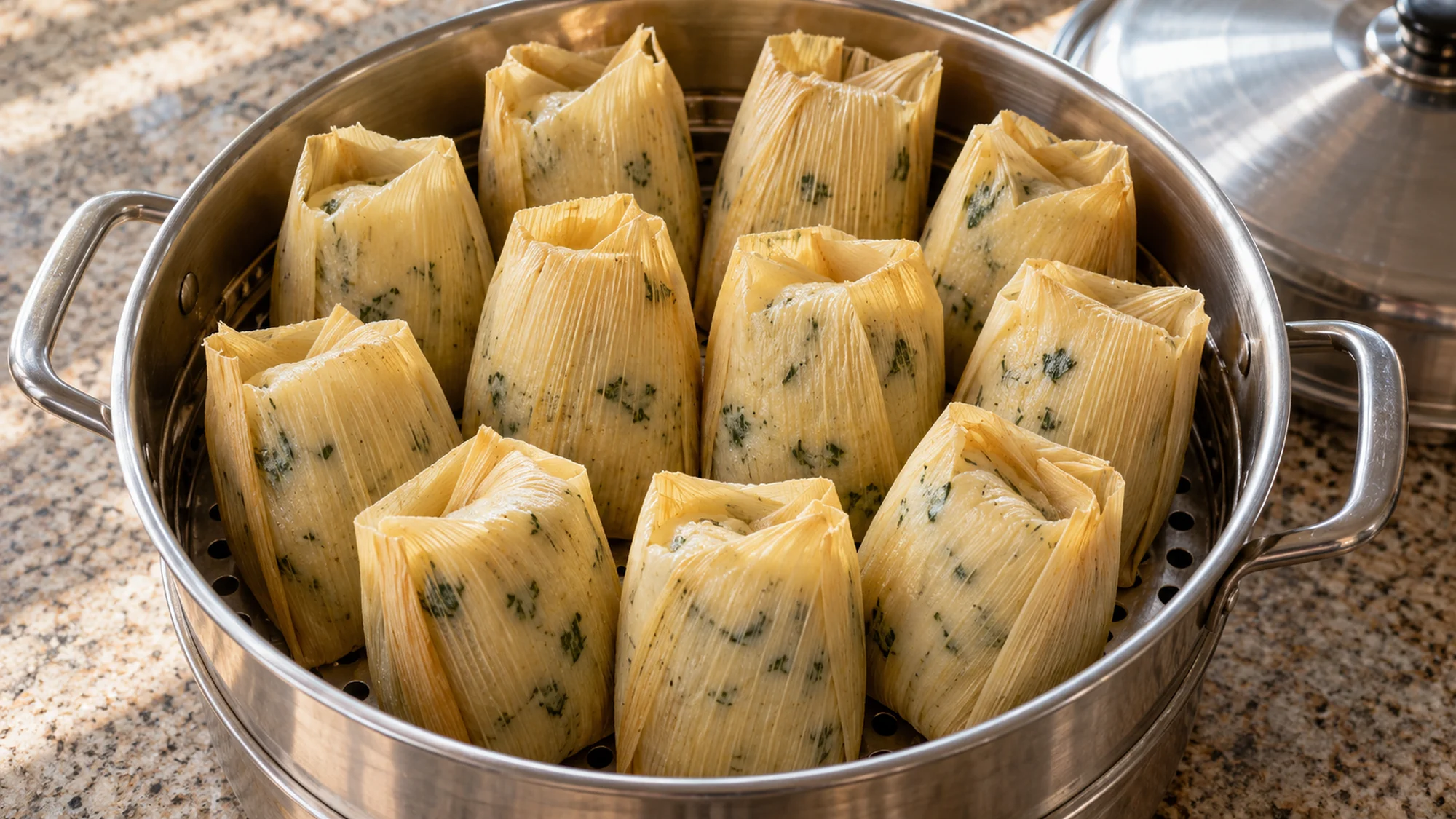 Chipilín tamales standing upright in their corn husks in a steamer