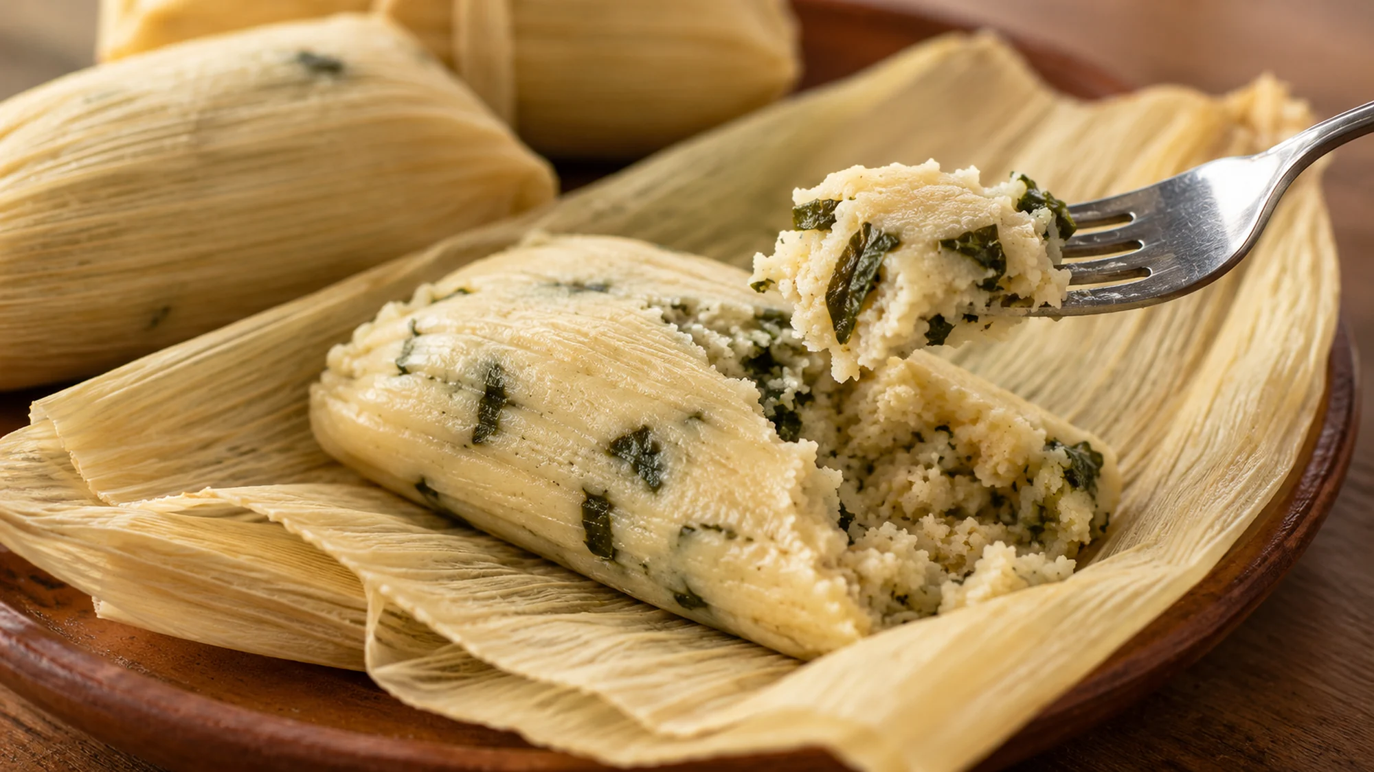 Fork lifting a bite of chipilín tamales from an open corn husk