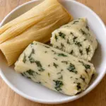 Chipilín tamales with pale corn masa and leafy flecks in a white bowl