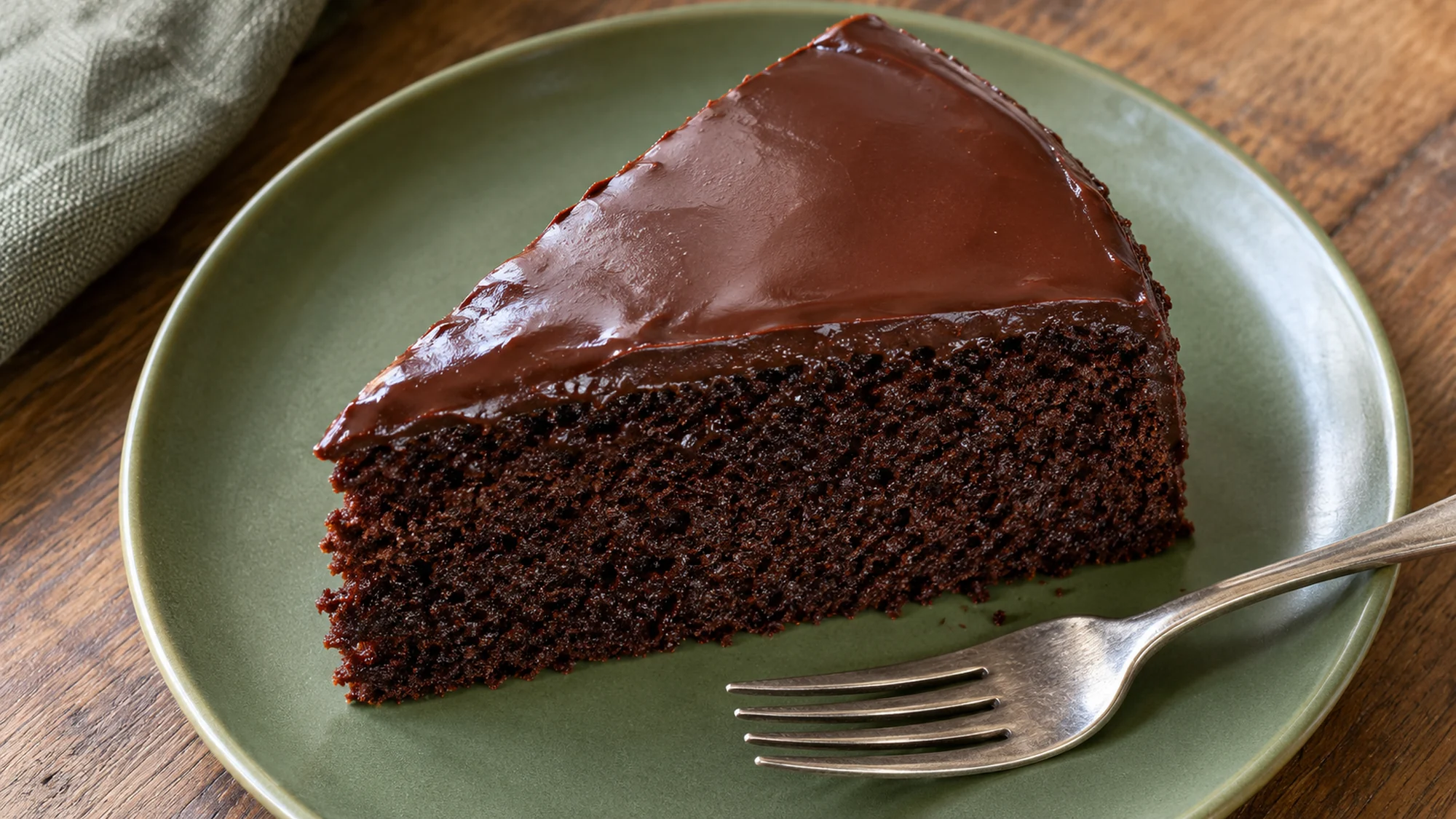 A slice of the chocolate cake recipe with a thin ganache layer on a green plate