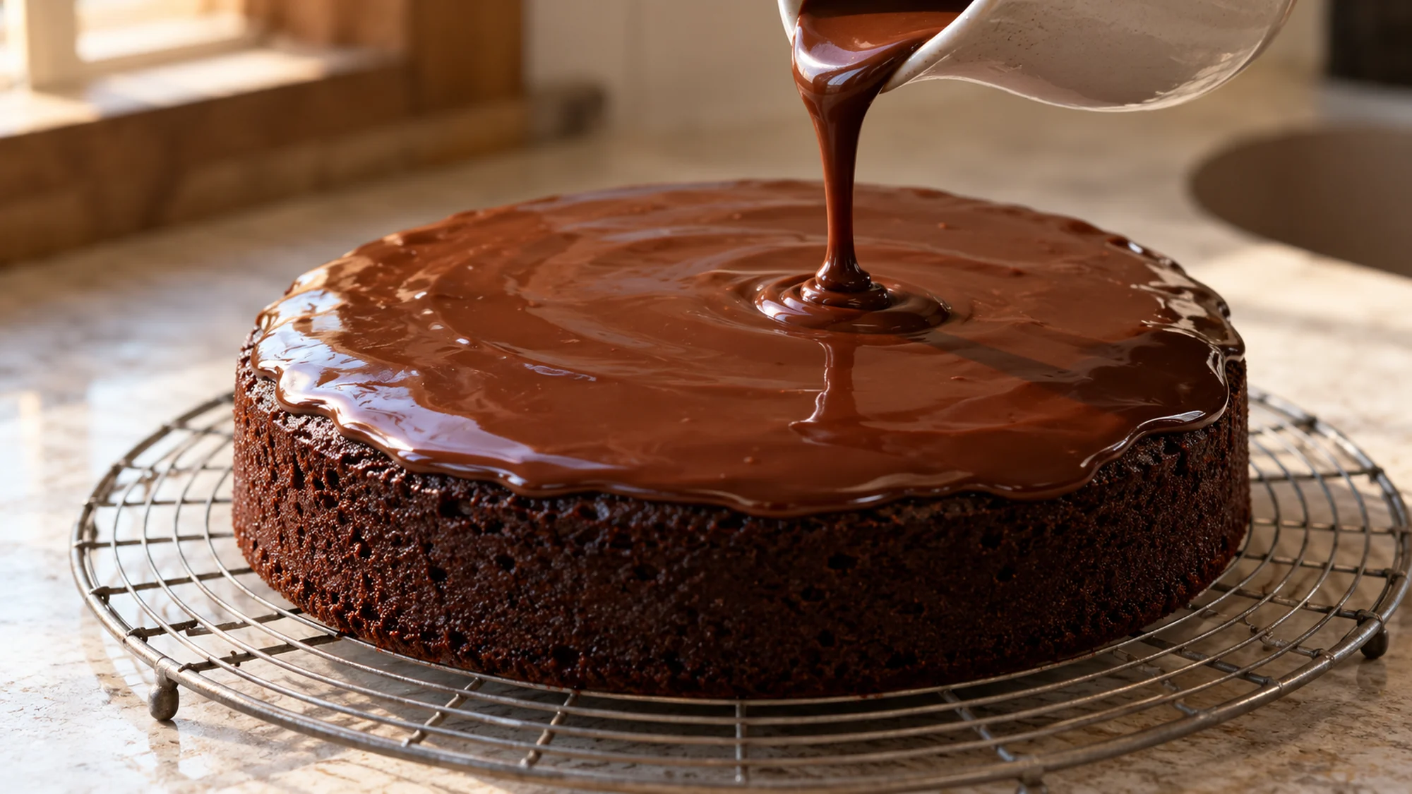 Glossy ganache being poured over the cooled chocolate cake recipe