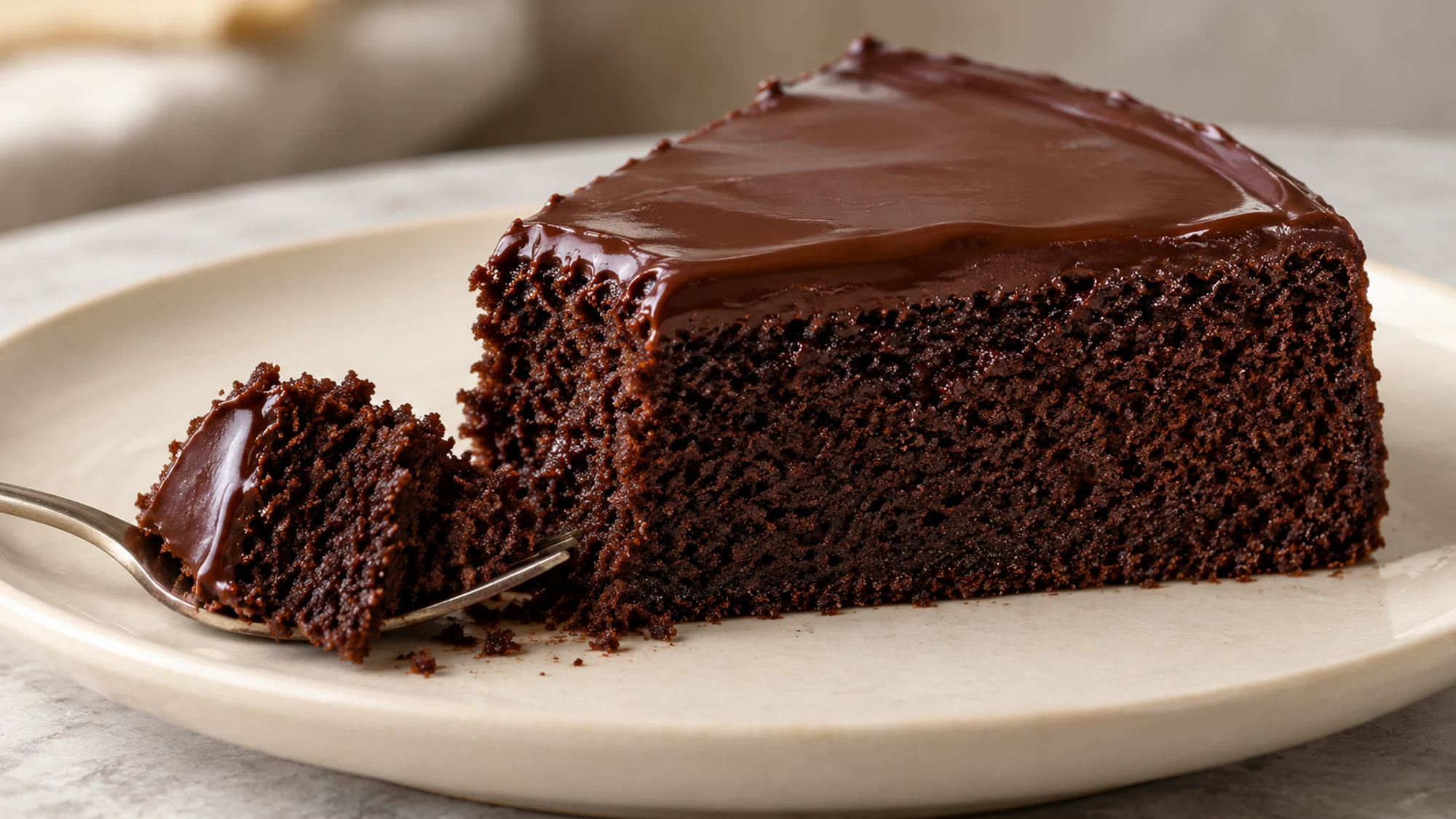 A forkful cut from the chocolate cake recipe showing the cocoa crumb