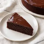 A slice of the chocolate cake recipe on a white plate beside the single-layer cake