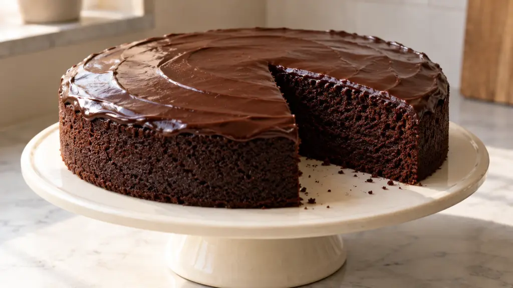 Chocolate cake recipe with glossy ganache and a wedge removed to reveal the cocoa crumb