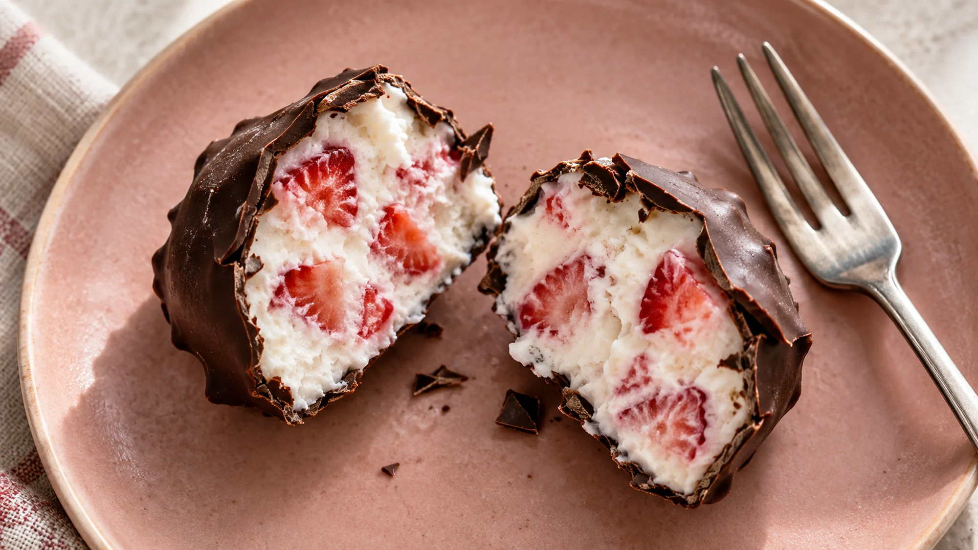 Chocolate strawberry yogurt clusters split open to show red fruit in the white yogurt center