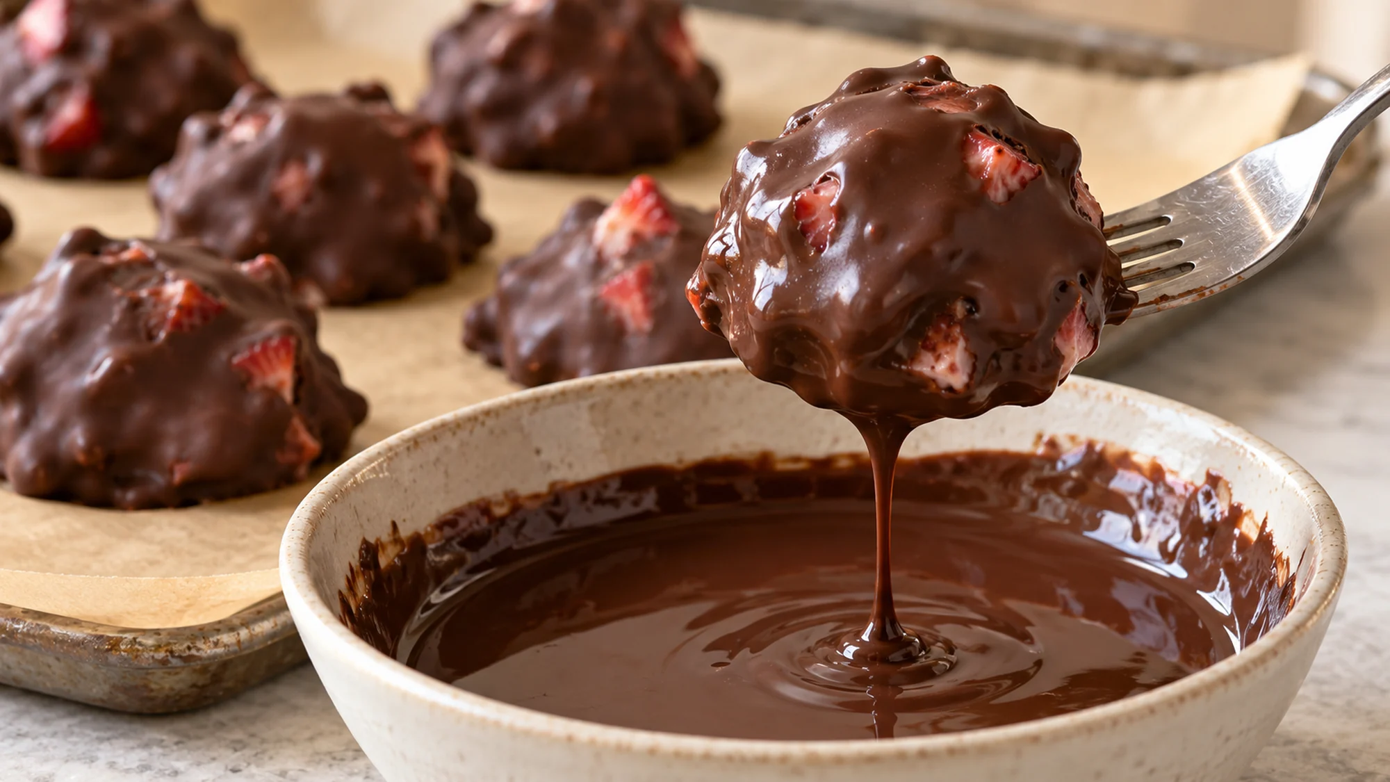 Chocolate strawberry yogurt clusters being coated in melted chocolate with a fork