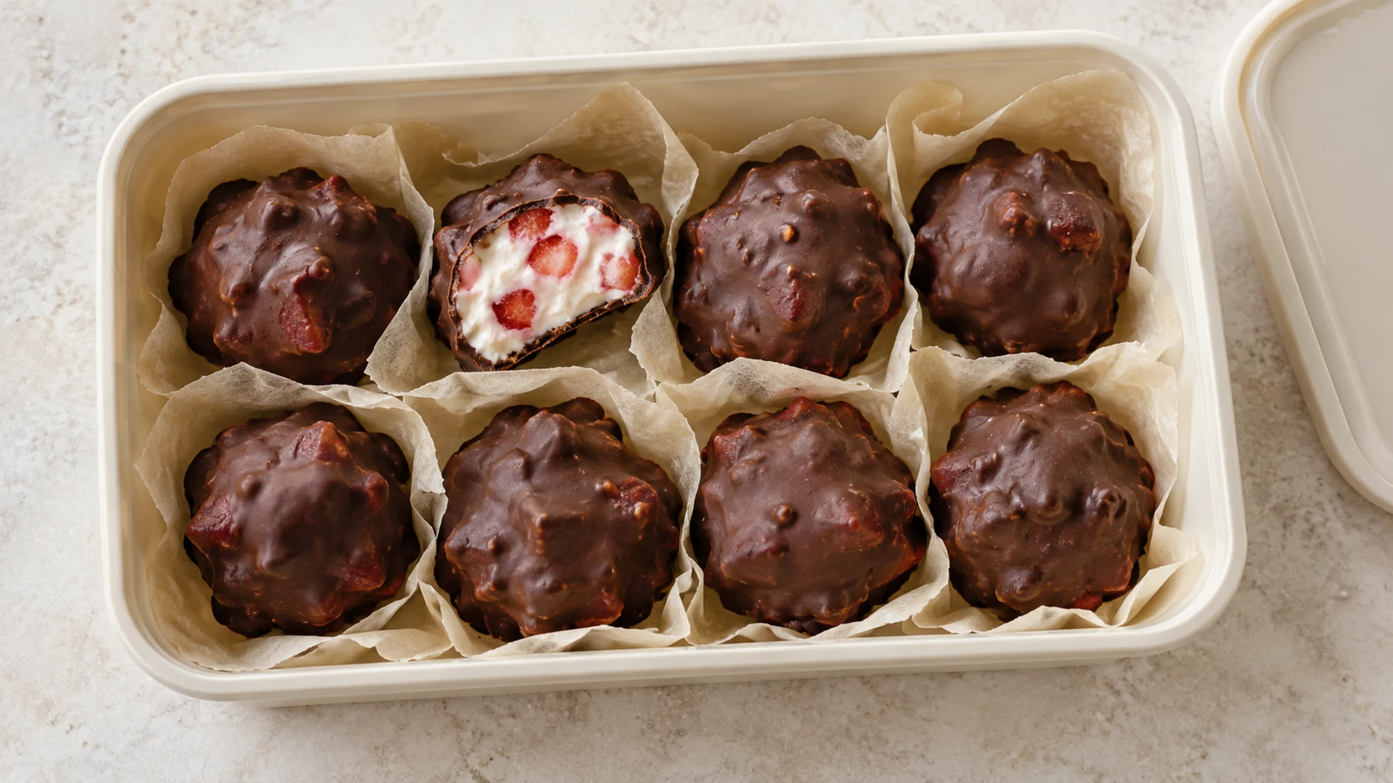 Chocolate strawberry yogurt clusters separated with parchment in a shallow storage container