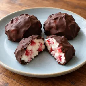 Chocolate strawberry yogurt clusters on a blue plate, including a cut-open yogurt-and-berry center