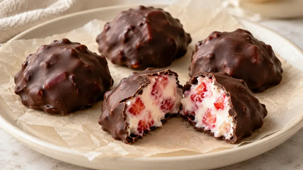Chocolate strawberry yogurt clusters with a chocolate shell and a cut-open berry-and-yogurt center