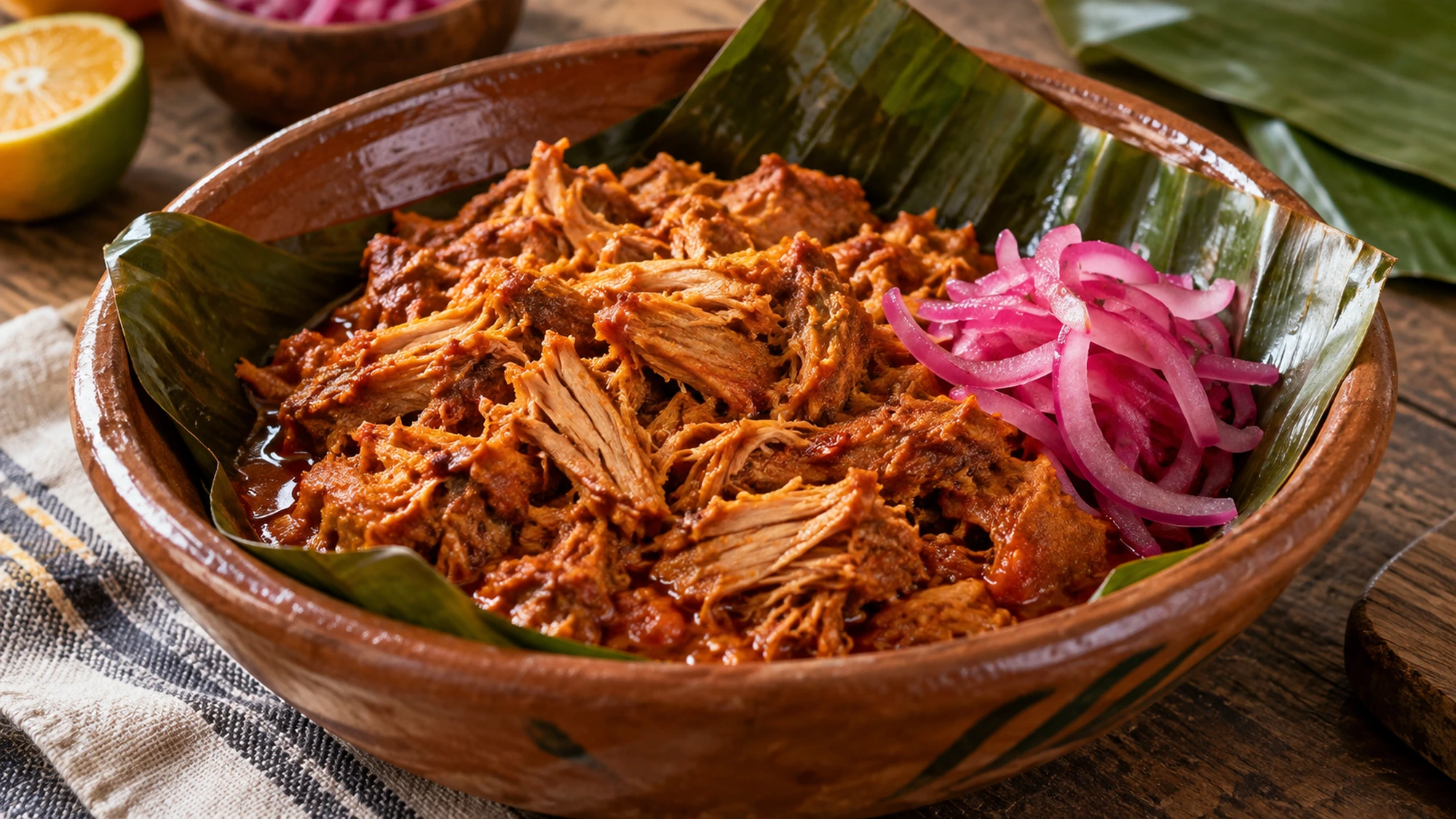 Shredded cochinita pibil in a leaf-lined earthenware bowl beside pickled onion