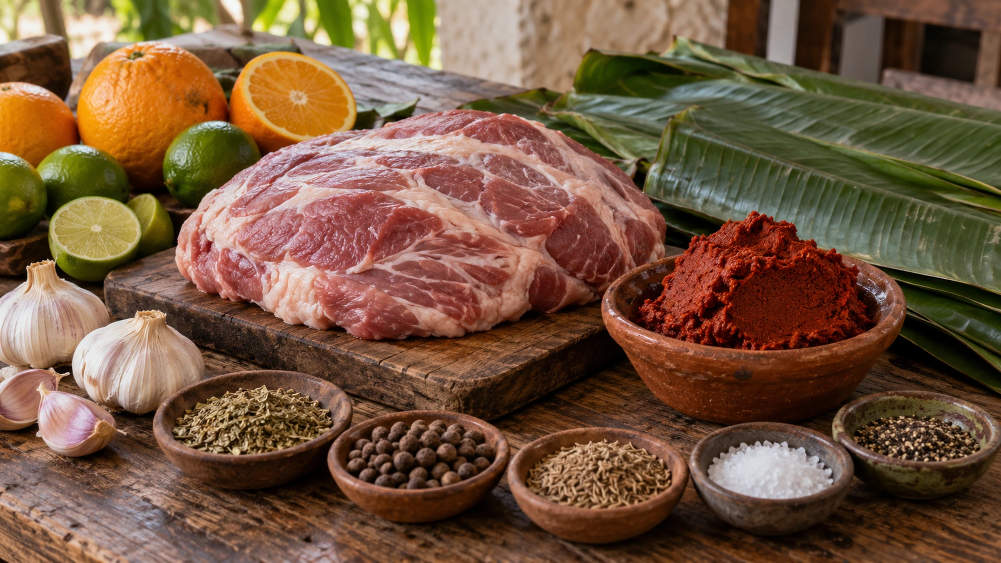 Raw pork shoulder, achiote paste, citrus, banana leaves and spices for cochinita pibil