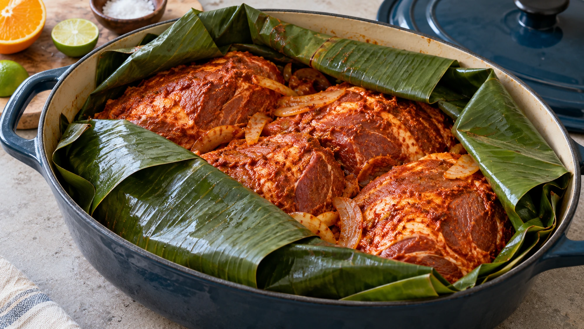 Pork shoulder coated in red achiote marinade inside banana leaves before cochinita pibil is cooked