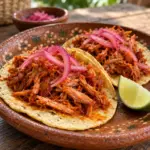 Cochinita pibil in corn tortillas with pickled red onion on a ceramic plate