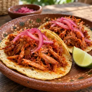 Cochinita pibil in corn tortillas with pickled red onion on a ceramic plate