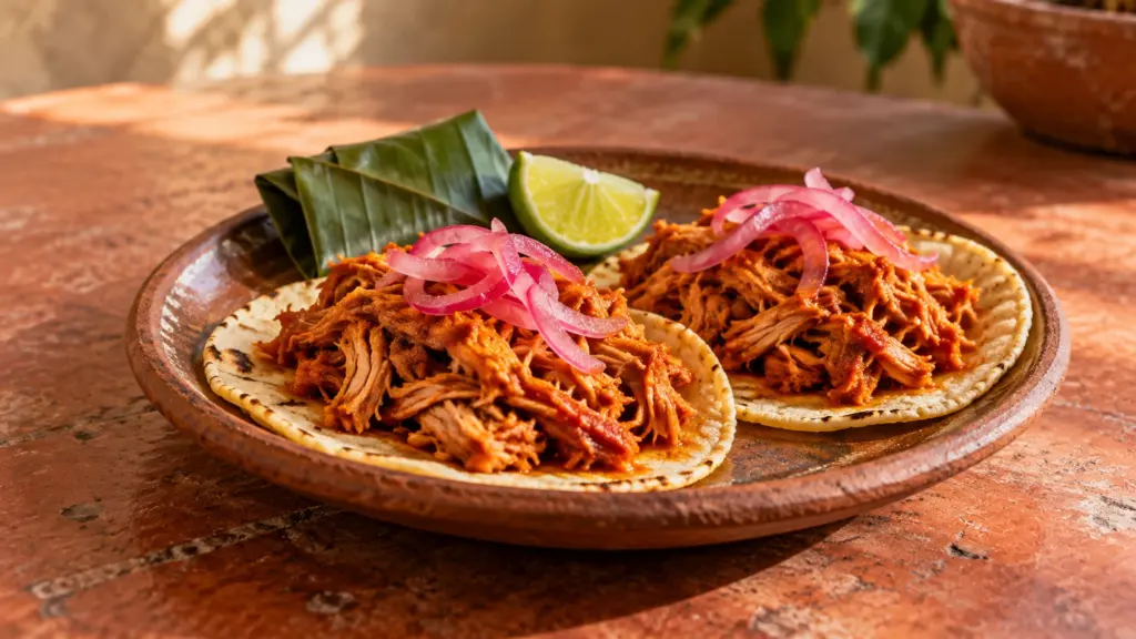 Cochinita pibil on two corn tortillas with pickled red onion and lime