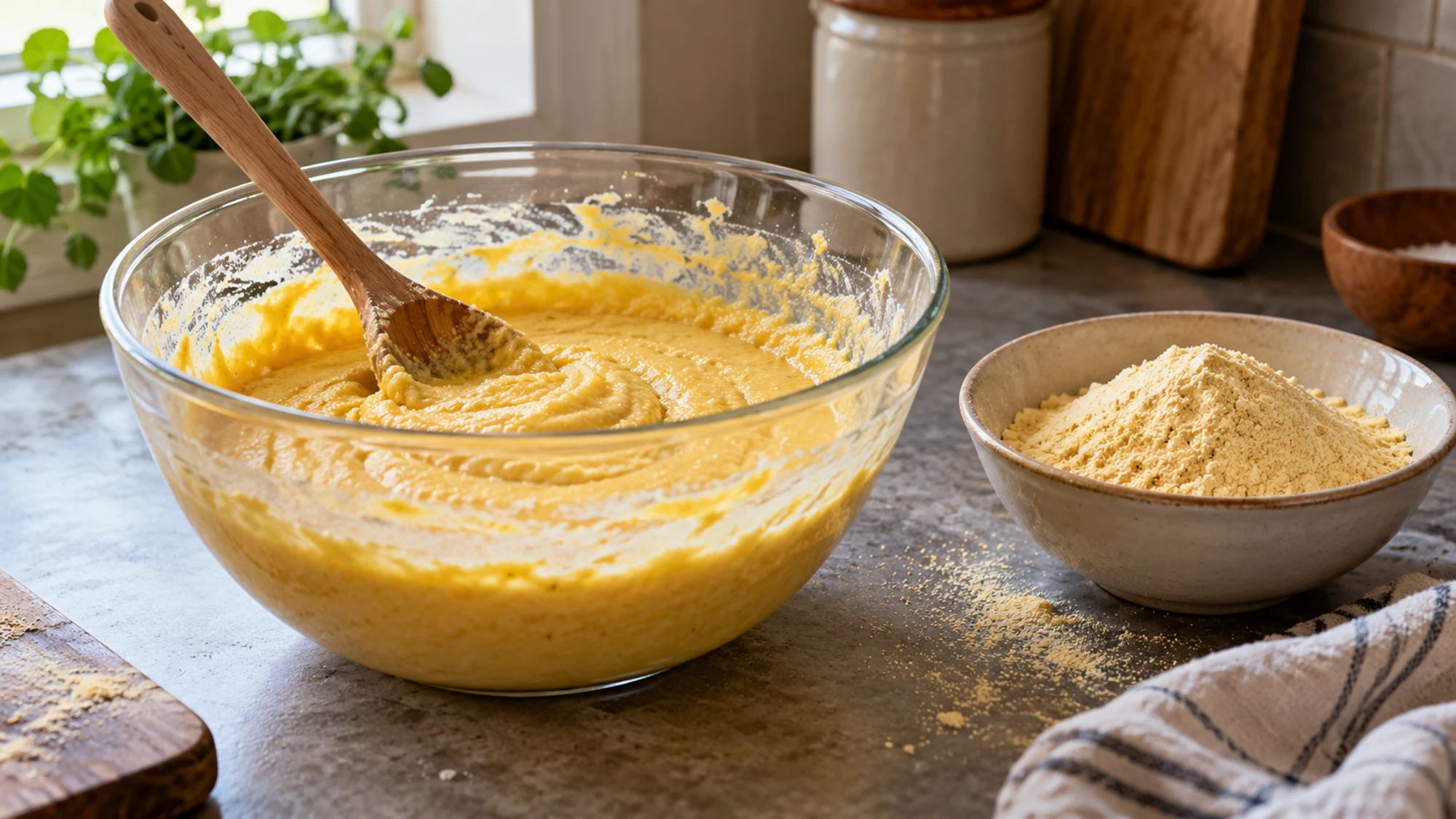 Corn flour batter in a bowl with a wooden spoon.