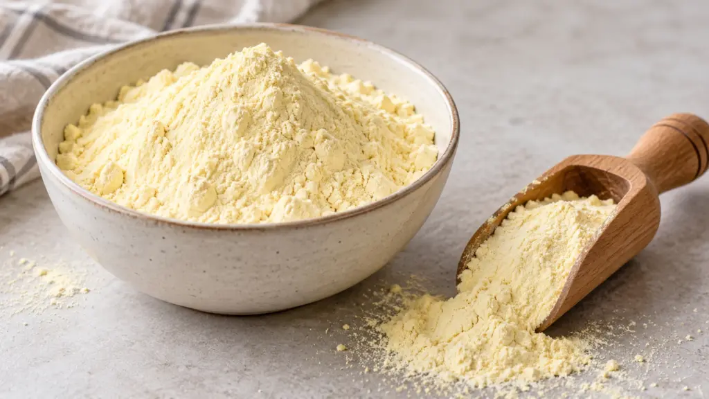Fine yellow corn flour in a bowl and wooden scoop.