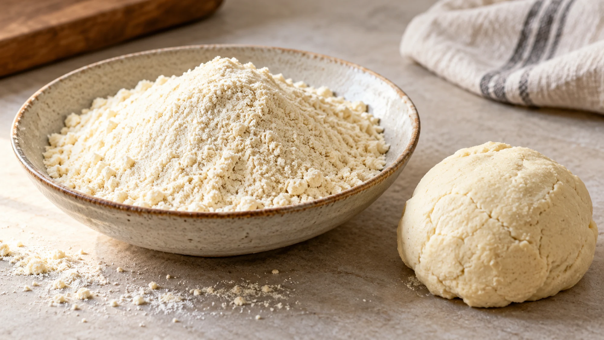 Masa harina beside a small ball of hydrated masa dough.