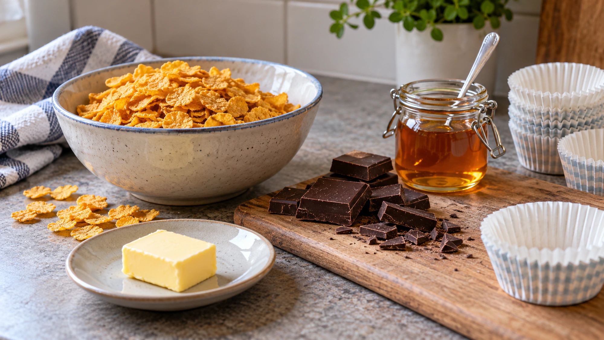 Plain cornflakes, chopped chocolate, butter and golden syrup for cornflake cakes