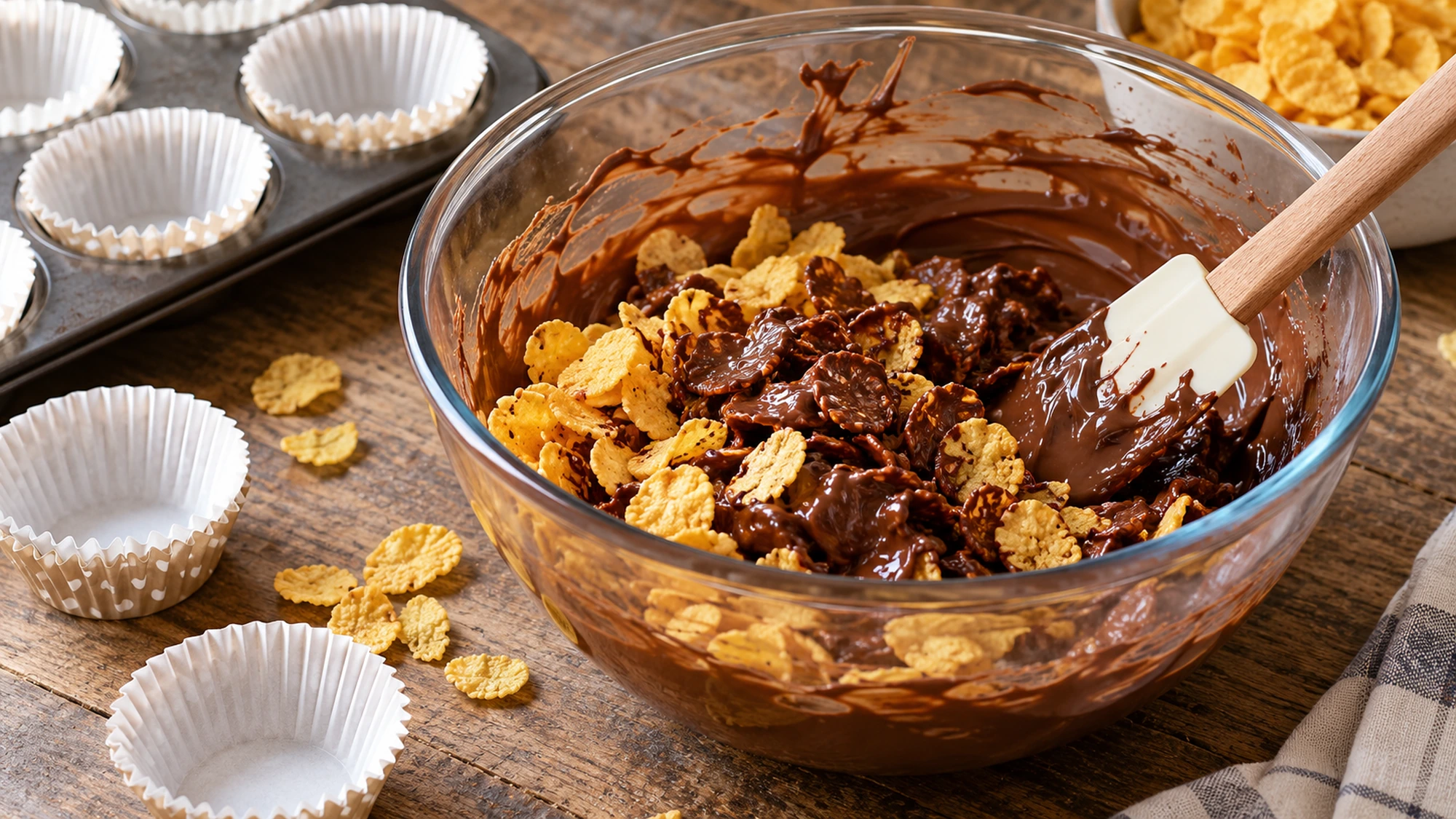 Cornflakes being folded through melted chocolate beside paper cases for cornflake cakes