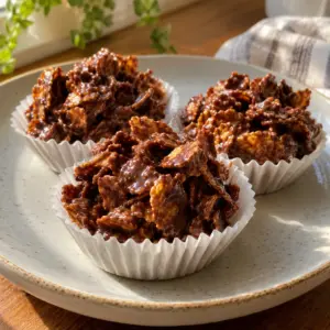 Three cornflake cakes in white paper cases showing chocolate-coated cereal