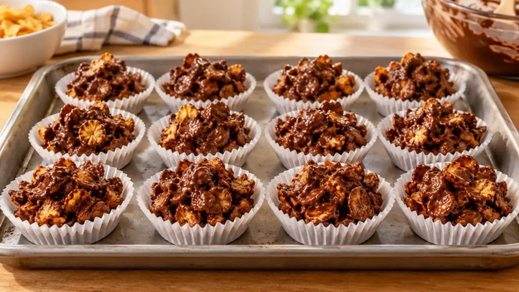 Cornflake cakes in white paper cases on a tray with crisp chocolate-coated cereal