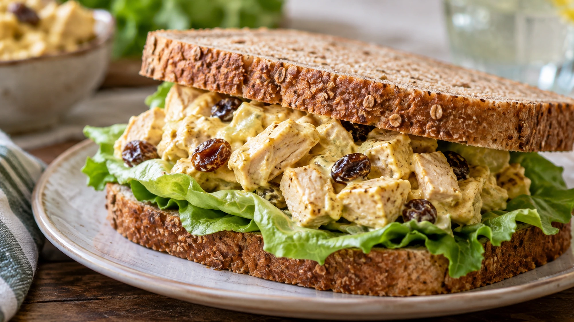 Coronation chicken sandwich with curry-dressed chicken, lettuce and toasted almonds