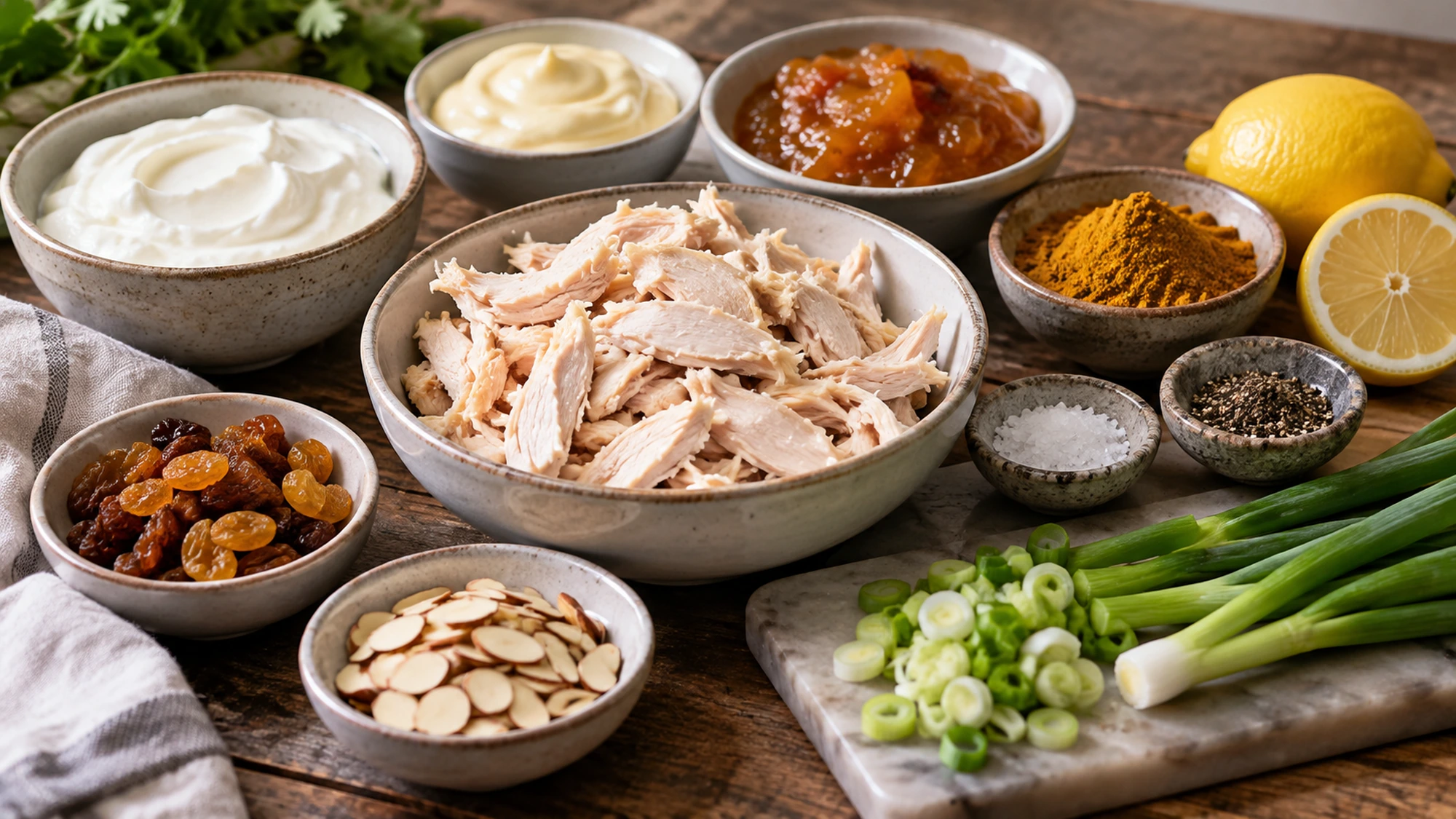 Cooked chicken, yogurt, mayonnaise, mango chutney, curry powder, lemon, sultanas and almonds laid out for coronation chicken