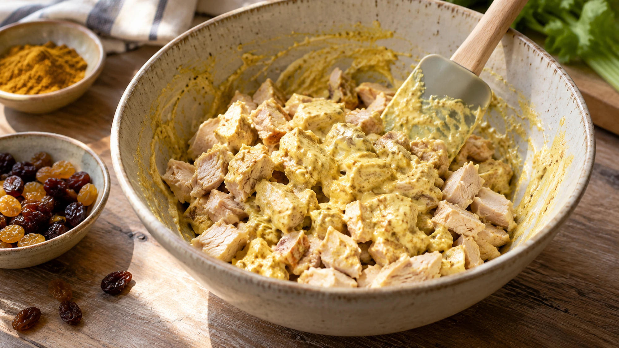 Cooked chicken being gently folded through a mild curry dressing in a bowl