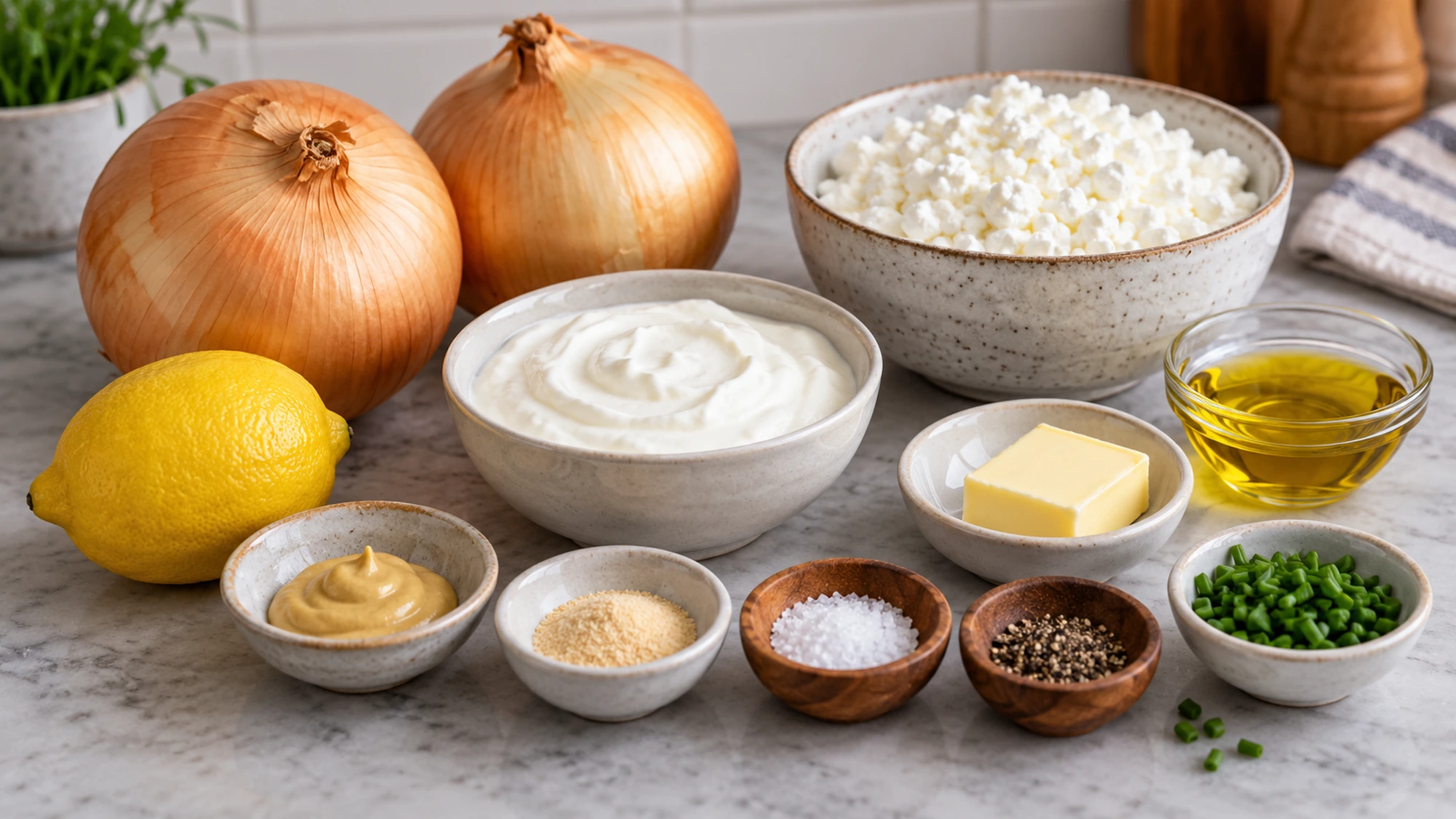 Yellow onions, cottage cheese, Greek yogurt, lemon, Dijon, oil, butter, chives and seasonings for the dip
