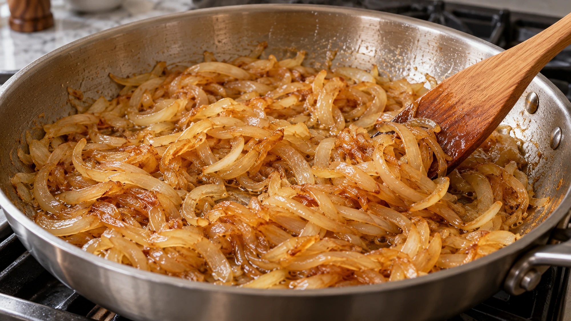 Soft golden sliced onions browning in a wide skillet with a wooden spatula
