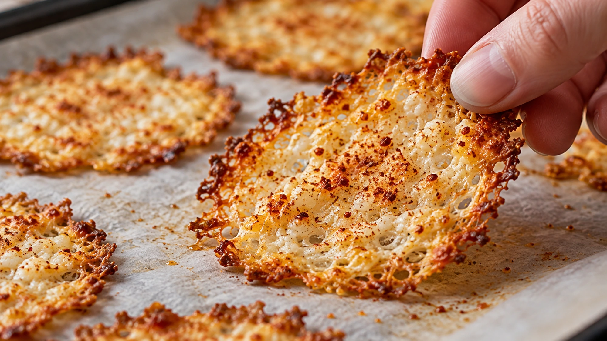 Thin baked cottage cheese chip with browned edge lifted after cooling