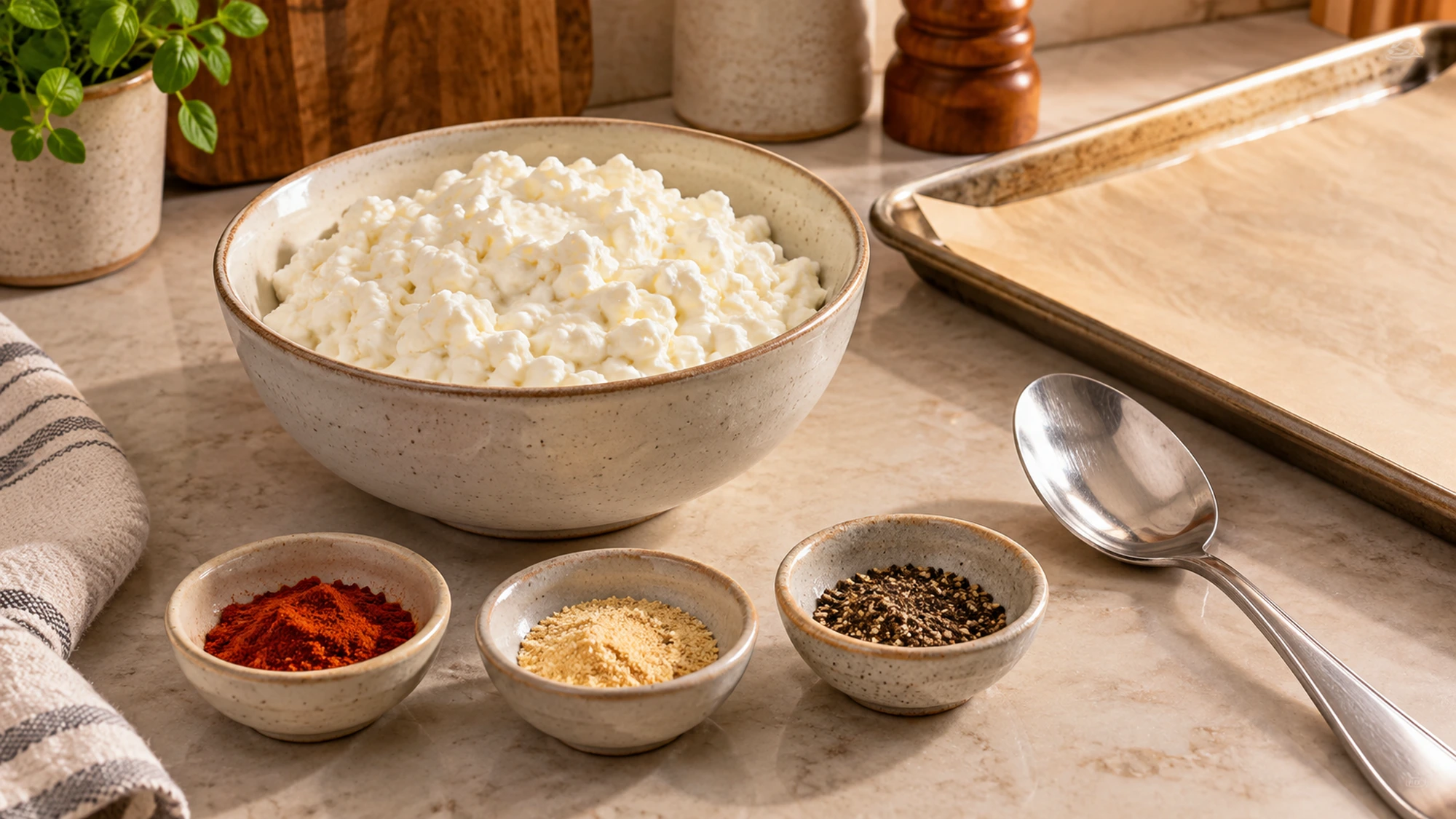 Plain cottage cheese, smoked paprika, garlic powder and pepper for cottage cheese chips