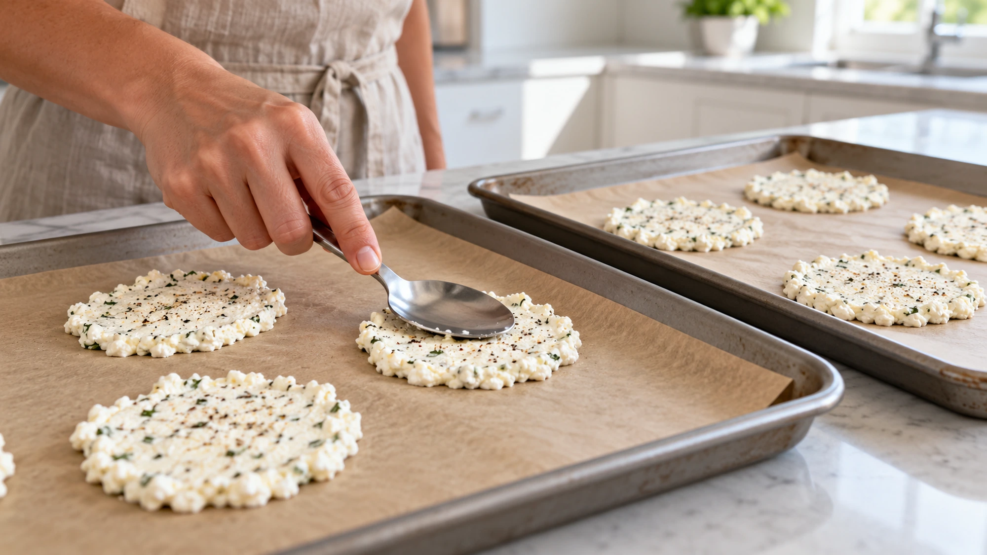 Seasoned cottage cheese scoops flattened into thin rounds on parchment