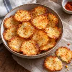 Bowl of small golden baked cottage cheese chips with paprika-flecked crisp edges