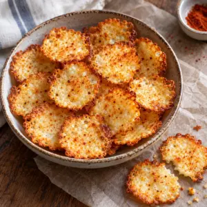 Bowl of small golden baked cottage cheese chips with paprika-flecked crisp edges