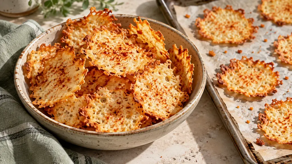 Small golden baked cottage cheese chips with lacy edges in a bowl and on parchment