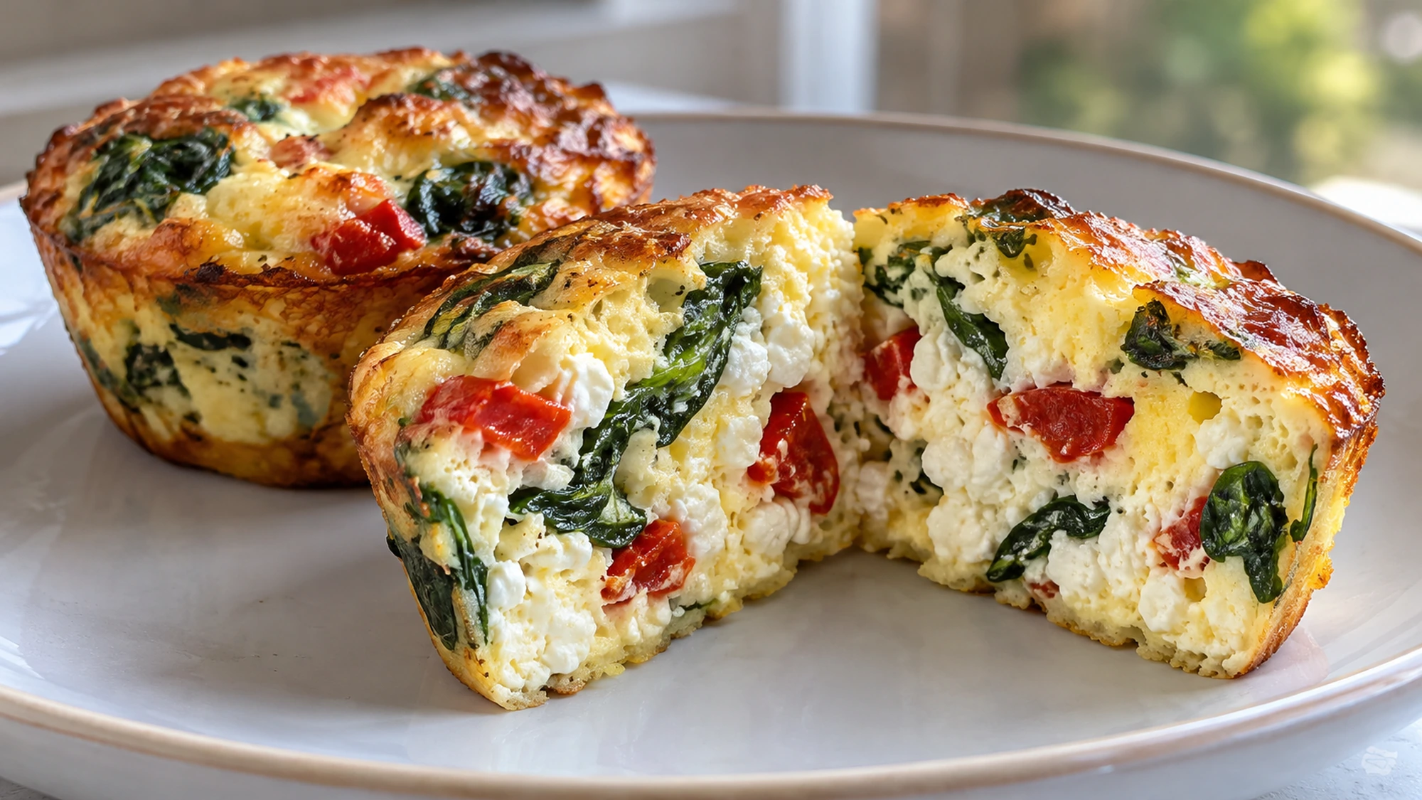 Baked cottage cheese egg bite cut open to show a fully set spinach and pepper interior