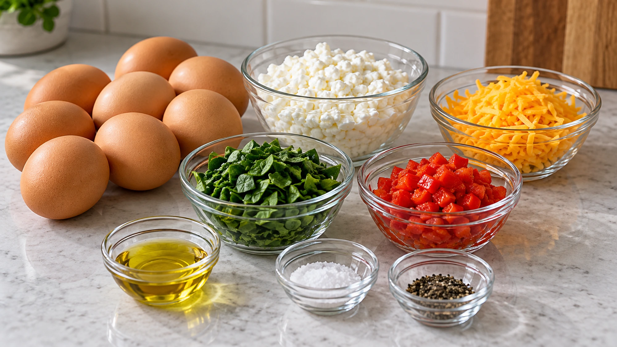 Eggs, cottage cheese, cheddar, spinach, roasted red pepper and seasonings for egg bites