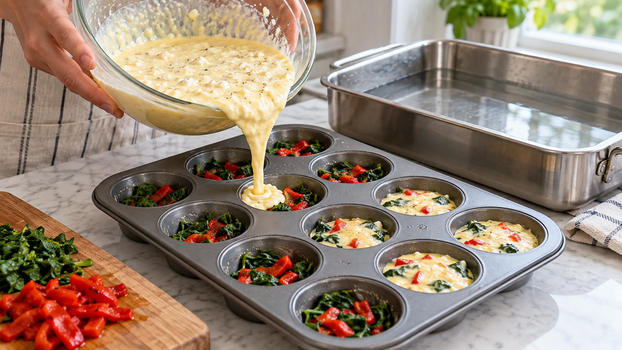Egg and cottage cheese batter poured into a prepared muffin tin beside a water bath pan