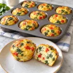 Baked cottage cheese egg bites with spinach and roasted red pepper in and beside a muffin tin