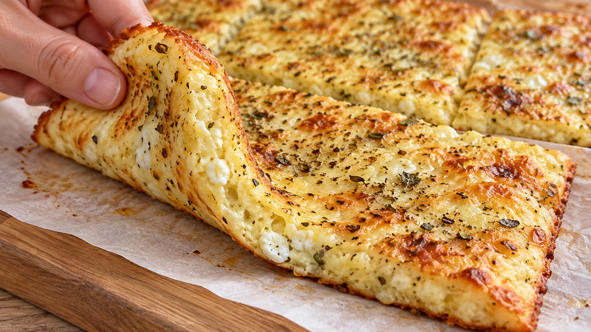 Flexible baked cottage cheese flatbread square being folded after cooling