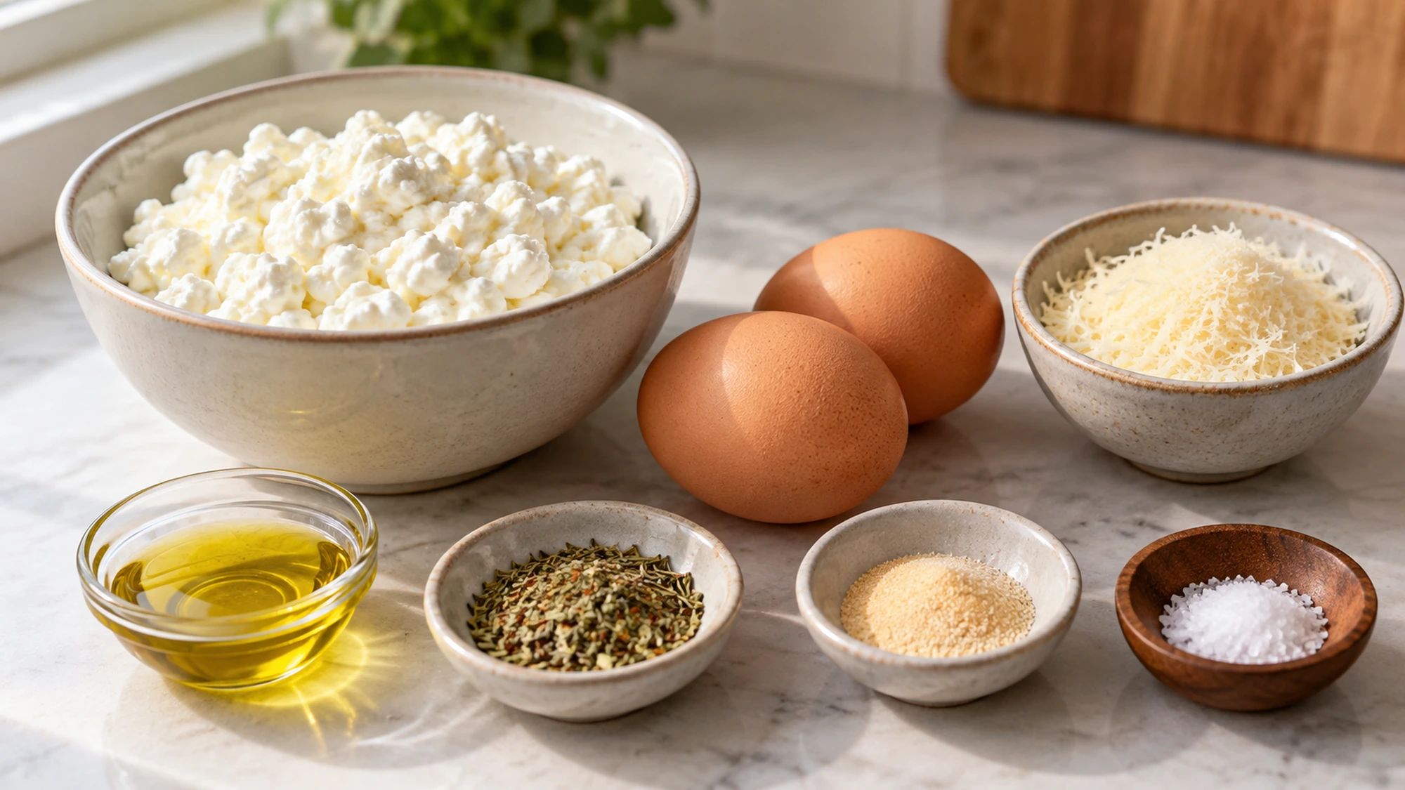 Cottage cheese, eggs, Parmesan, herbs, garlic, salt and olive oil for flatbread