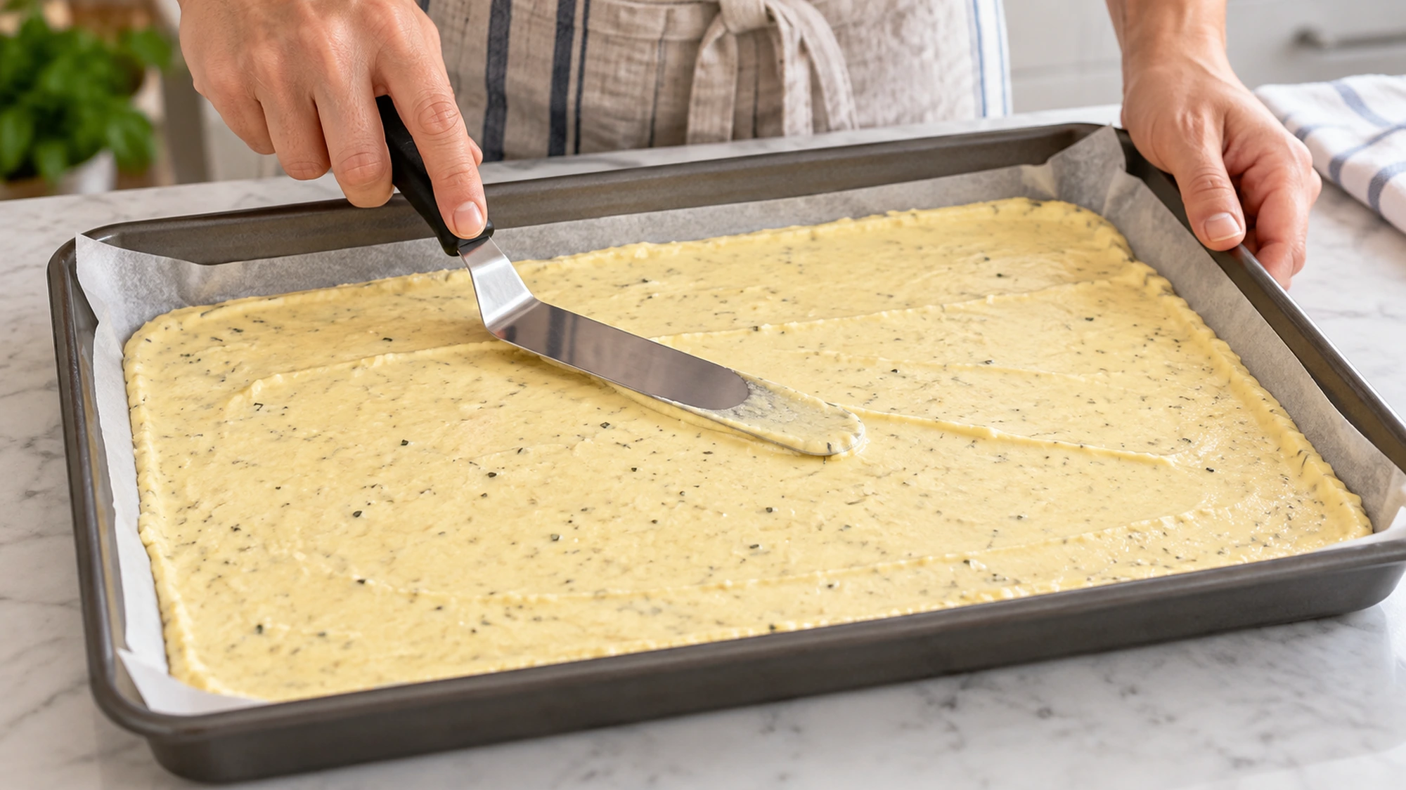 Smooth cottage cheese and egg batter spread evenly on parchment in a rimmed pan