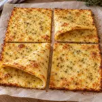 Thin golden cottage cheese flatbread cut into flexible herb-speckled squares